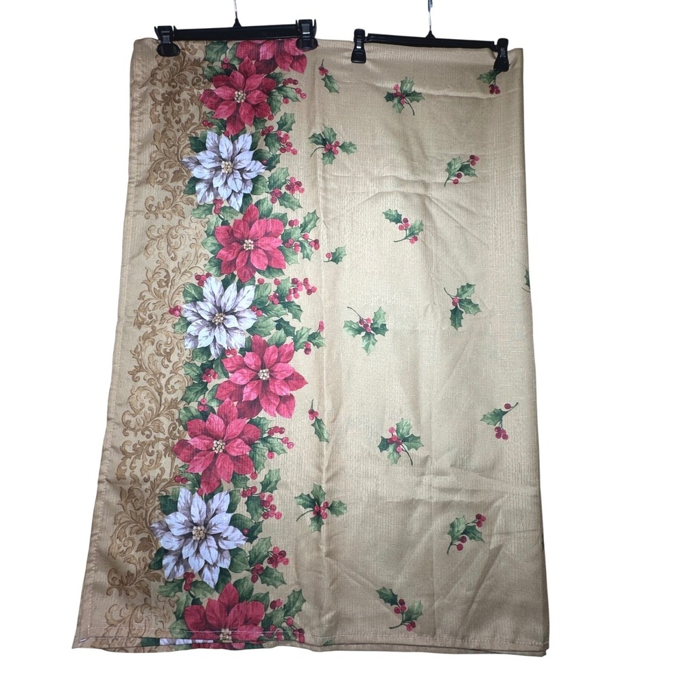 Christmas Poinsettia Floral Tablecloth Gold Red White 60x84 Holiday Rectangular